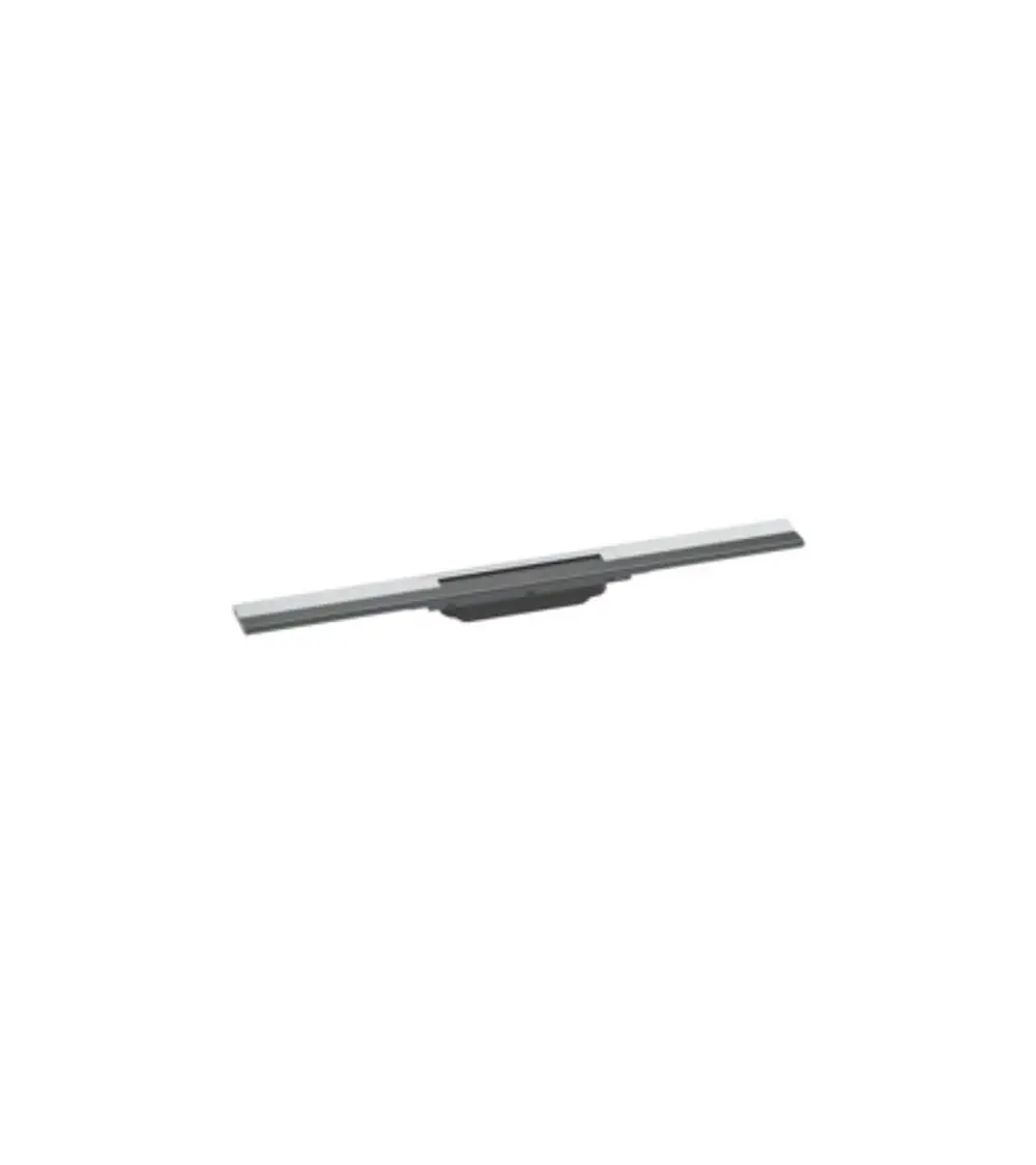 Duschrinne aus Edelstahl mit seitlicher Abdeckung, geeignet für die Installation in Duschbereichen. Produkt von Hansgrohe, anscheinend kürzbar.